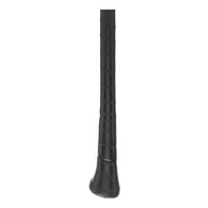 Close-up view of the black textured grip tape and flared knob on the handle of an Axe Avenge Pro baseball bat.
