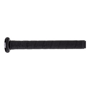 Side view of a black baseball bat with a textured grip and a rounded end cap.