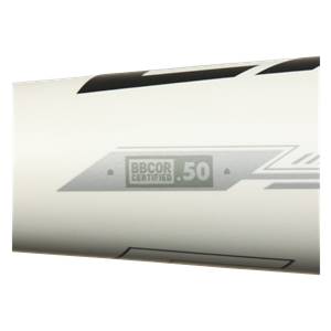 Side view of a white baseball bat with BBCOR CERTIFIED 50 text.