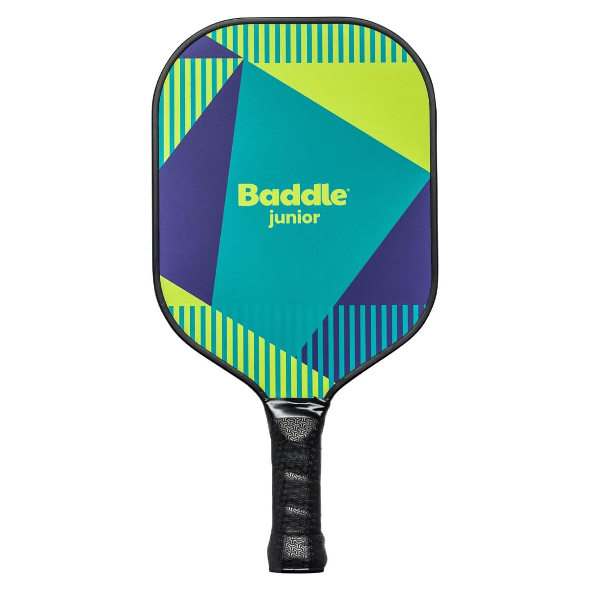 Front view of a Baddle Junior pickleball paddle with a geometric design and black grip.