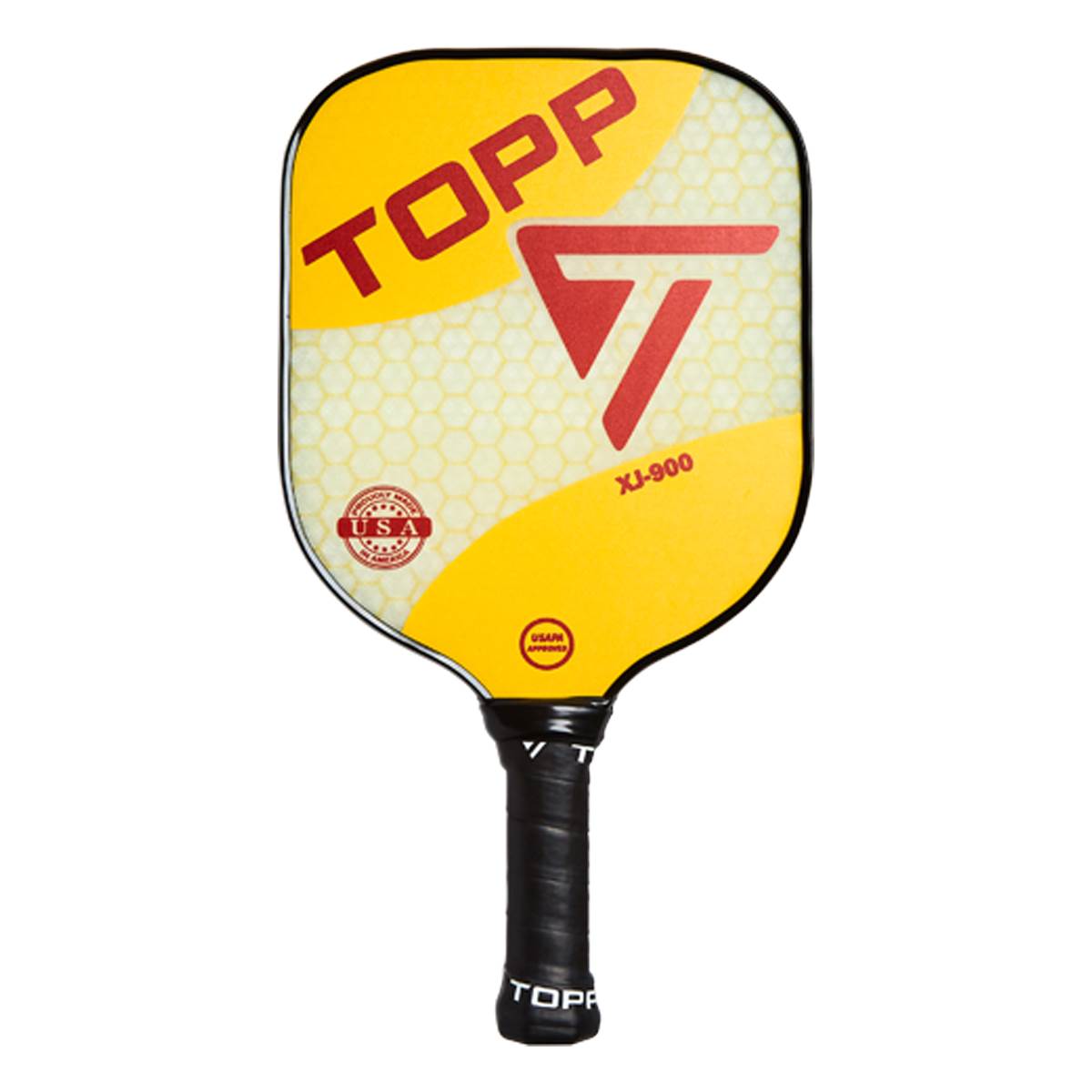 Front view of a yellow TOPP XJ-900 pickleball paddle with a red T logo and USA stamp.