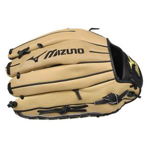 Side view of a tan baseball glove with black lacing and Mizuno branding.