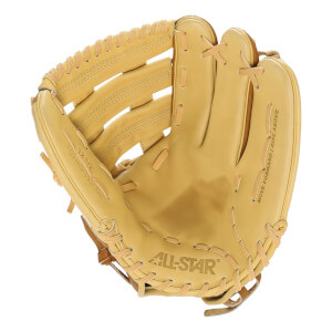 Front view of a tan All-Star fastpitch softball glove with MOVE FORWARD | RISE ABOVE text.