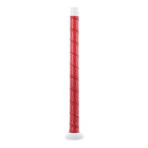 Close-up of a red baseball bat grip with a spiral pattern and white end cap.
