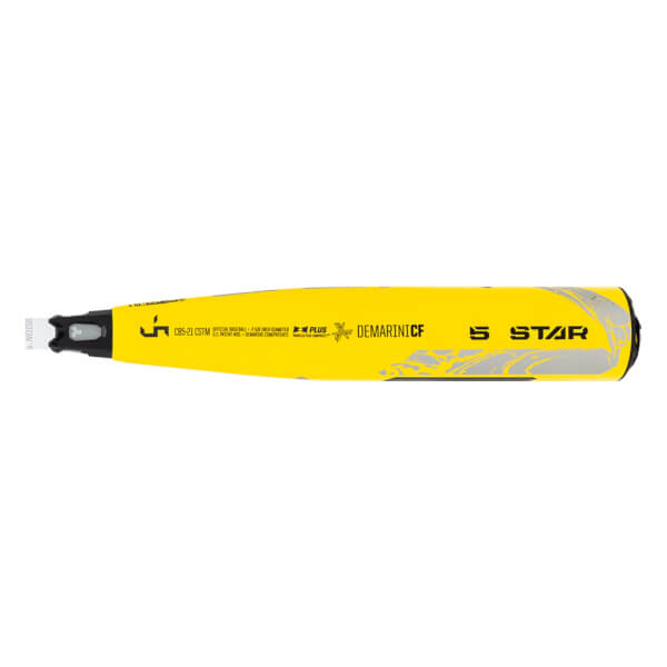 Side view of a yellow baseball bat with DEMARINICF and 5 STAR text.