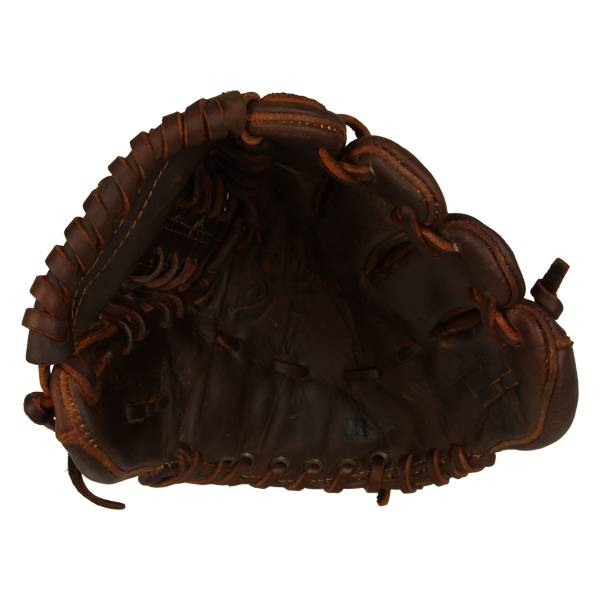 Top-down view of a brown leather baseball glove with visible lacing and a pocket.