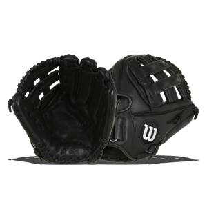 Front view of a black baseball glove with a Wilson logo and open webbing.