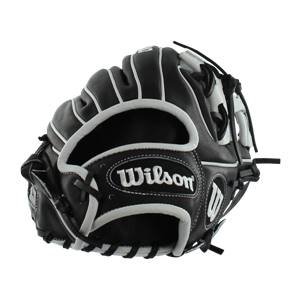 Side view of a black baseball glove with white lacing and the Wilson logo.