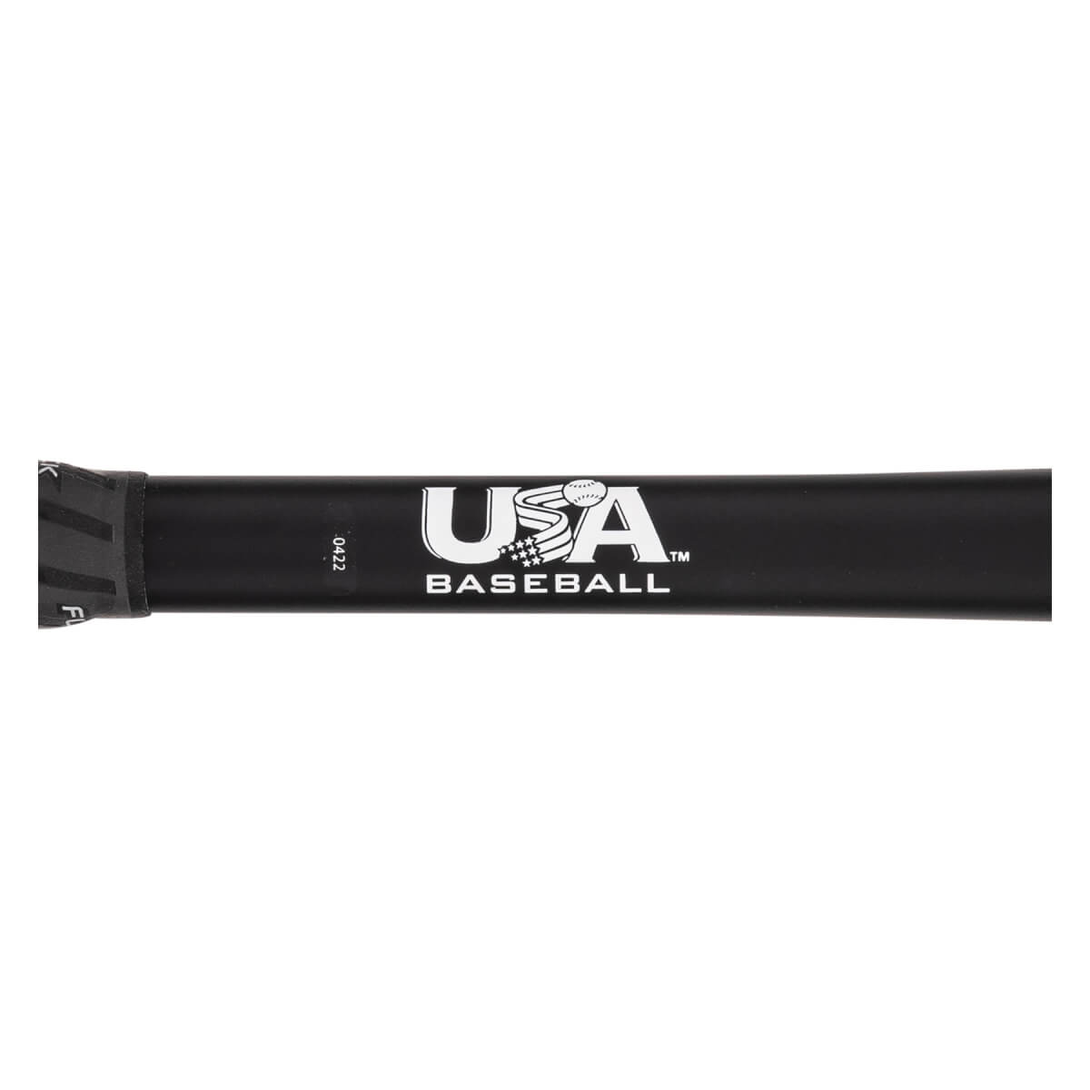 Close-up of a black baseball bat with a white USA BASEBALL logo and a vertical 0422 marking.