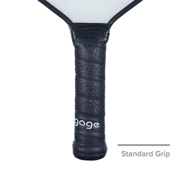 Close-up of a black pickleball paddle grip with white engage text and perforated texture.