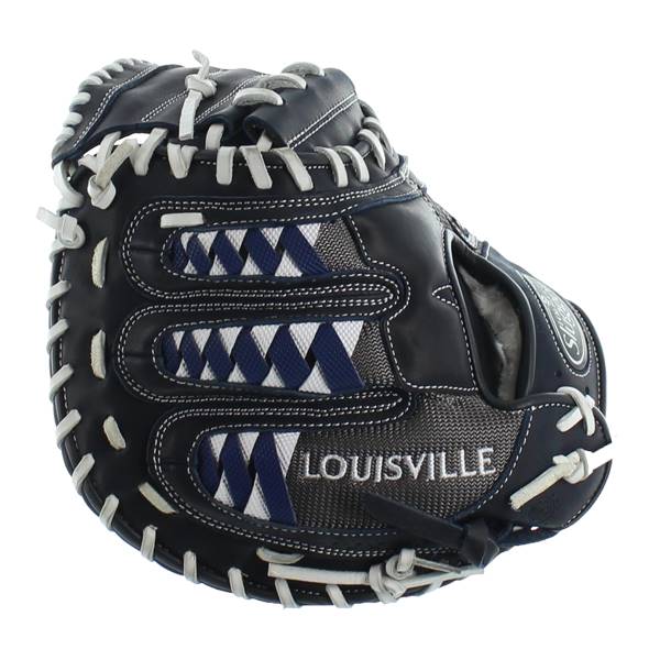 Front view of a navy baseball glove with white lacing, blue and white woven accents, and LOUISVILLE text.