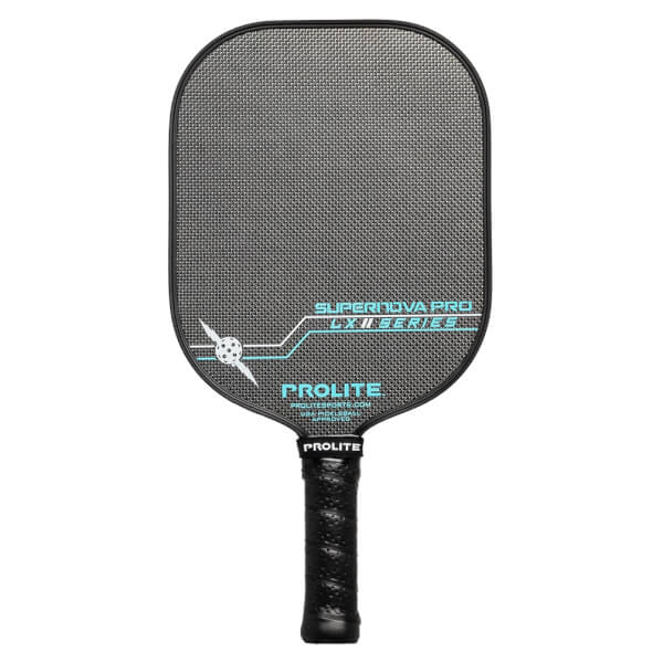 Front view of a black pickleball paddle with a textured surface, PROLITE logo, and SUPERNOVA PRO LX II SERIES text.