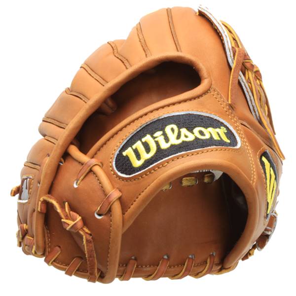Close-up of a tan baseball glove with a black and yellow Wilson logo and white stitching.