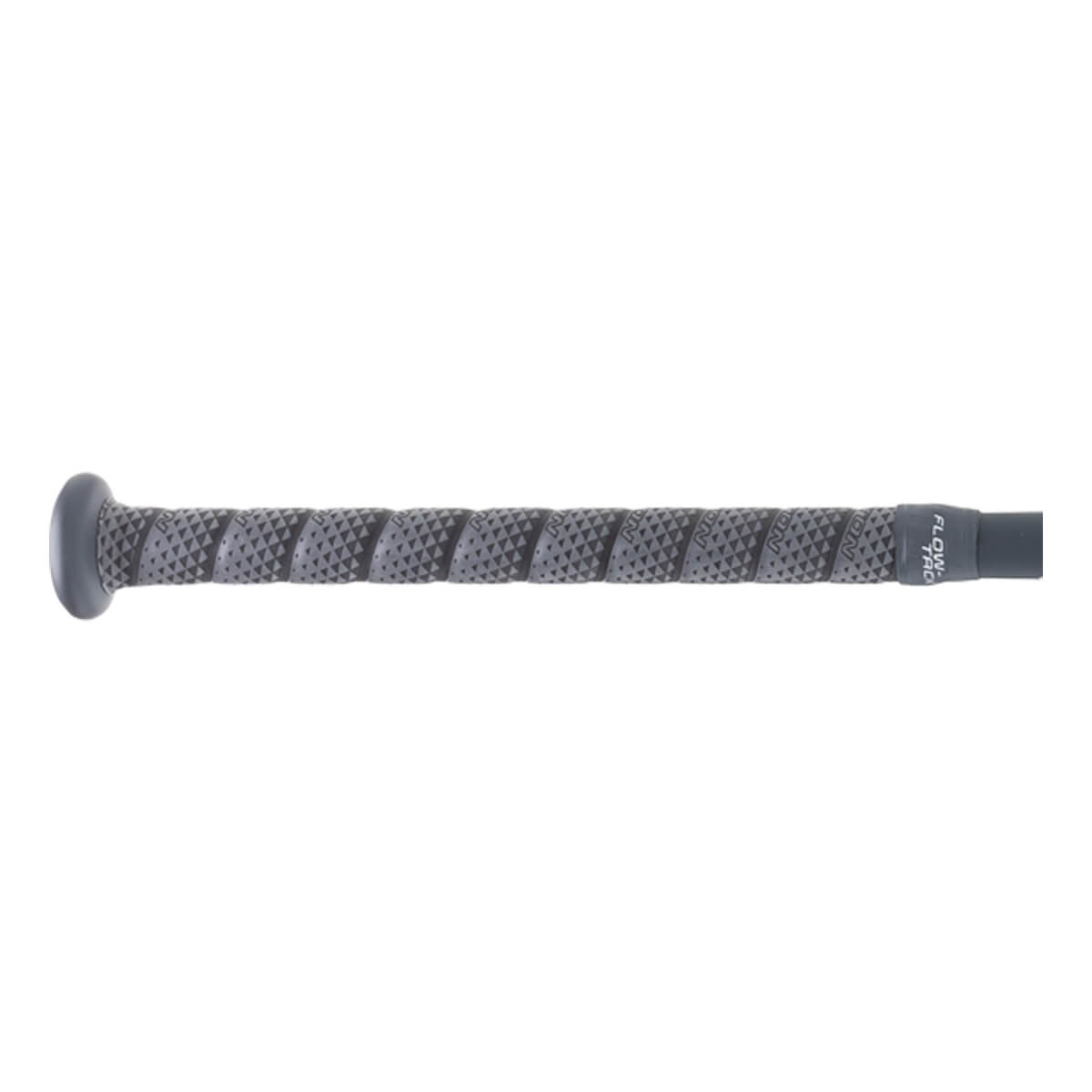Close-up side view of a dark gray softball bat handle with a textured, spiraled grip and knob.