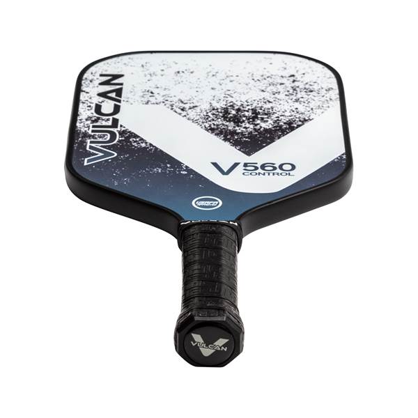 Top-down view of a black and white pickleball paddle with VULCAN and V560 CONTROL branding.