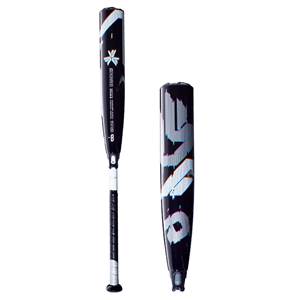 Side view of a black baseball bat with white DEMARINI CF text and a glitch design.