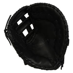 Interior view of a black first base mitt with a woven pocket and BLOODLINE embossed logo.