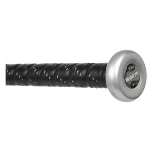 Side view of a silver softball bat with a black perforated grip and WORTH 33in 21oz text.