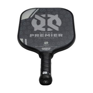 Front view of a black pickleball paddle with a large grey logo, EVOKE PREMIER text, and USAPA APPROVED stamp.