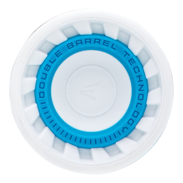 Top-down view of a white and blue fastpitch softball bat end cap with DOUBLE BARREL TECHNOLOGY text and Easton logo.