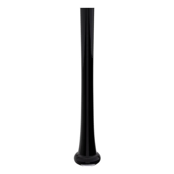 Full view of a glossy black baseball bat with a rounded knob and smooth, tapering profile.
