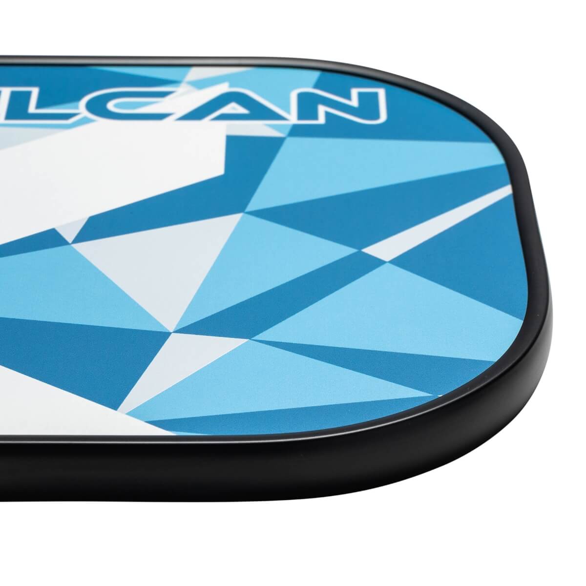 Corner view of a blue and white pickleball paddle with a geometric pattern and VULCAN text.