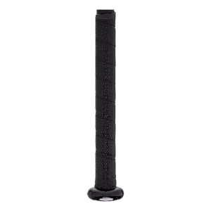 Close-up of a black baseball bat grip with a textured, perforated surface and a shiny black knob.