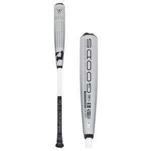 Front view of a silver baseball bat with an American flag design and black grip.