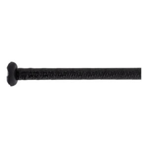 Close-up of a black bat handle with a textured, perforated grip and a black knob.