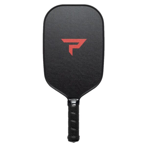 Front view of a black pickleball paddle with a red P logo and textured surface.