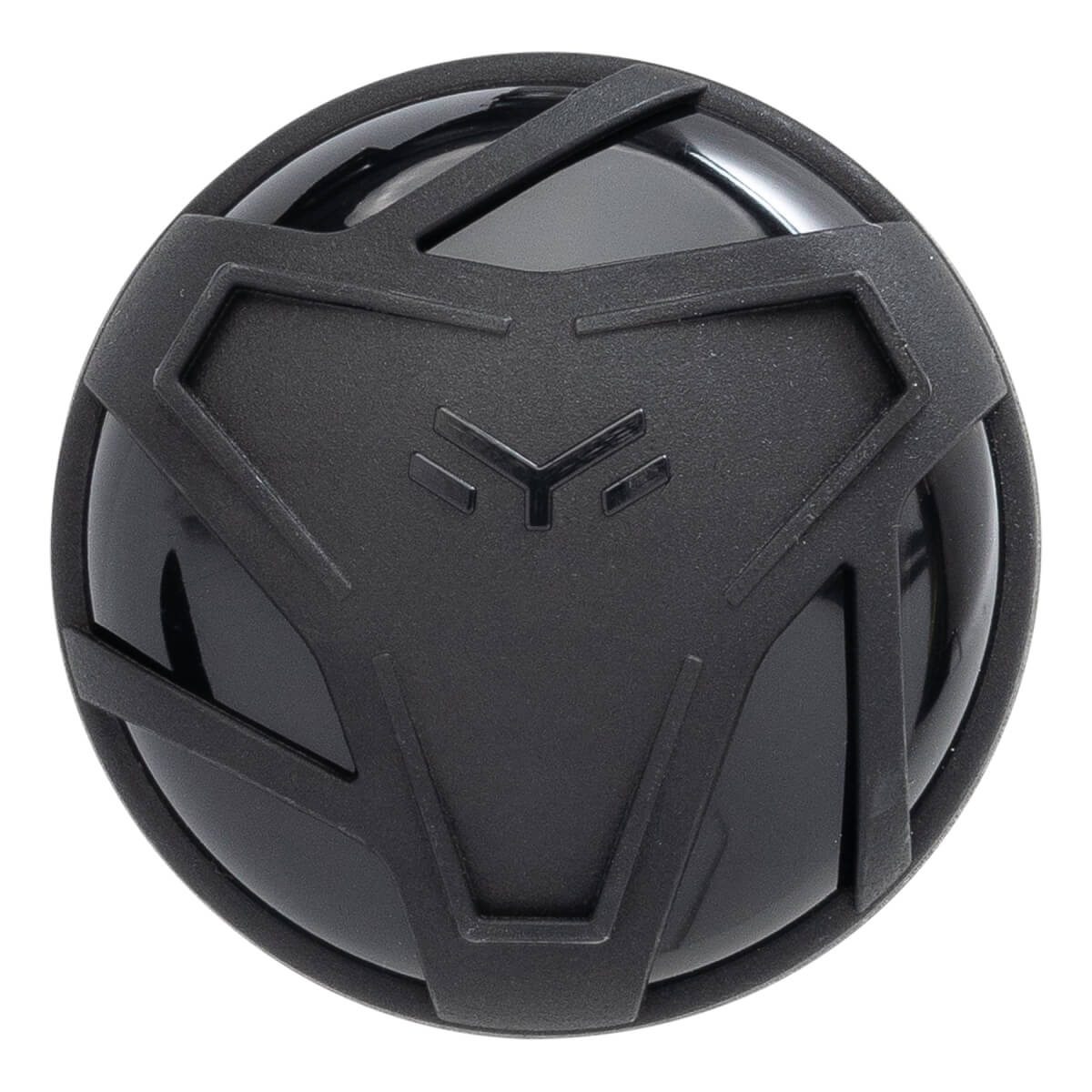 Top-down view of a black baseball bat end cap with a matte black geometric design and a glossy black center.