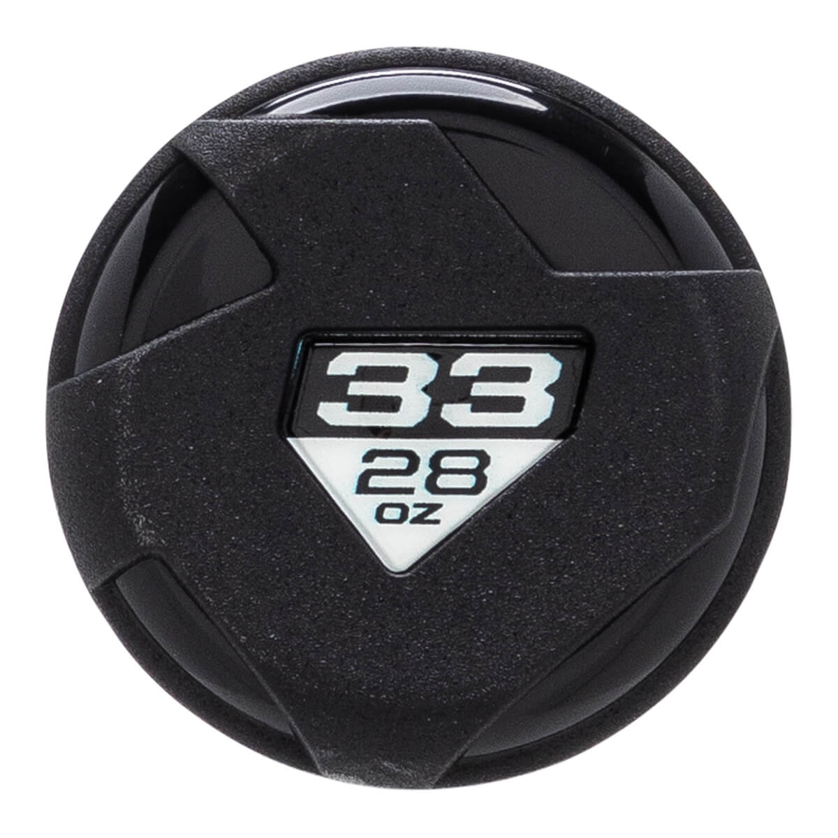 Top-down view of the black textured bat knob featuring a triangular emblem with 33 and 28 OZ in bold white and black lettering.