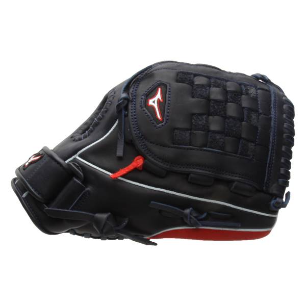 Side view of a black baseball glove with red accents and a woven back panel.