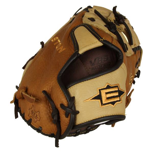 Top-down view of a brown first base mitt with tan accents, EASTON text, and an E logo.