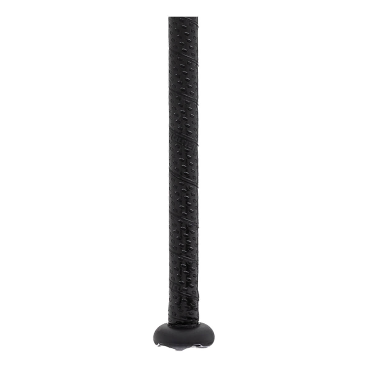 Close-up of a black softball bat handle with textured spiral grip tape and a black knob.