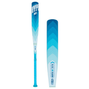 Front view of a blue and white baseball bat with EASTON HYPE DROP 1 text and chevron pattern.