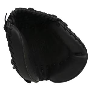 Top-down view of a black catchers mitt with a braided edge and embossed logo.