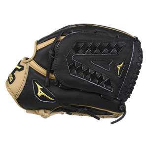 Side view of a black baseball glove with tan accents and a diamond-patterned web.