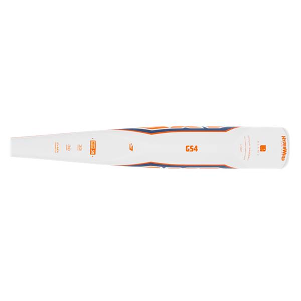 Side view of a white baseball bat with orange and blue accents, GS4 text, and HYPERWID branding.