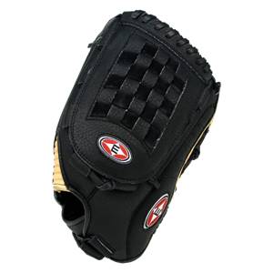 Top-down view of a black baseball glove with a woven palm and two red Easton logos.