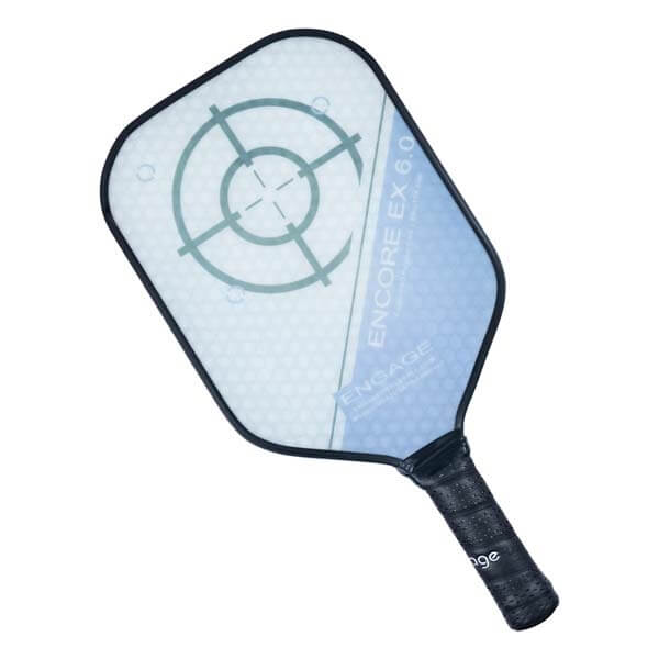 Top-down view of a white and blue pickleball paddle with a target design and ENGAGE ENCORE EX 6.0 text.