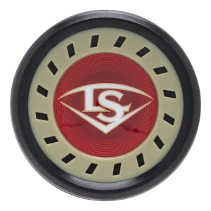Top-down view of a black baseball bat end cap with red and gold LS logo.