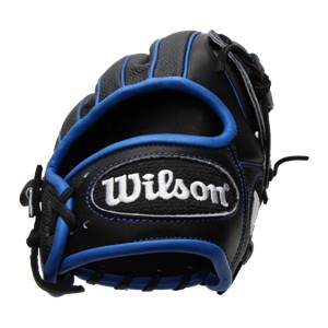 Side view of a black baseball glove with blue piping and a white Wilson logo.