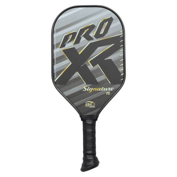 Front view of a black pickleball paddle with PRO XT Signature 16 text and USA Pickleball logo.