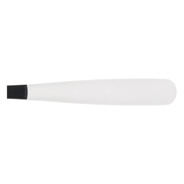 Side view of a white baseball bat with a black handle and smooth finish.