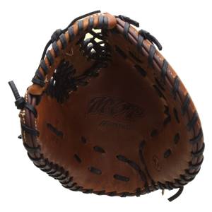 Top-down view of a brown Mizuno MVP Series first base mitt with black lacing and MVP logo.