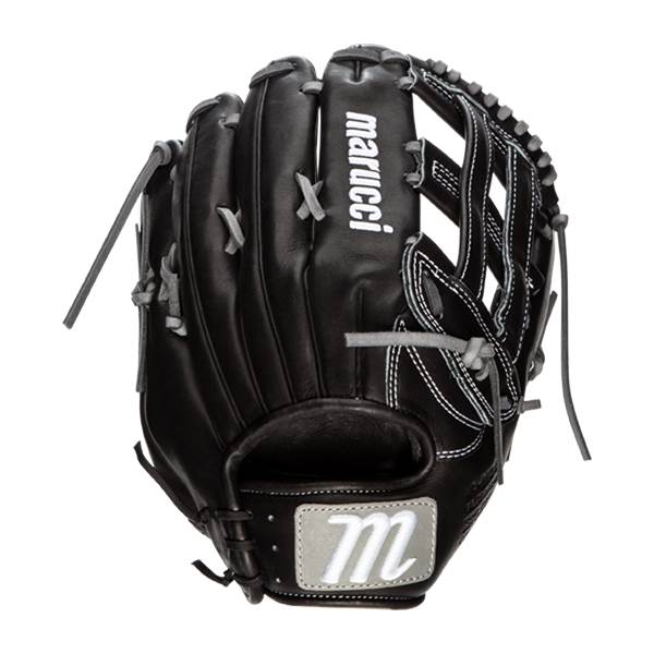 Front view of a black baseball glove with white stitching and a Marucci logo.