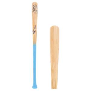Composite view of a natural wood and light blue baseball bat with HYBRID text and a close-up of the wood grain.