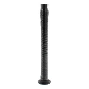 Close-up of a black baseball bat grip with a textured pattern and a black end cap.