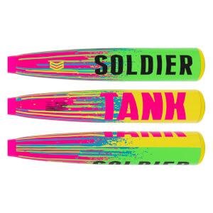 Composite view of a neon green and yellow baseball bat barrel with SOLDIER TANK text and vibrant stripe-splatter graphics.